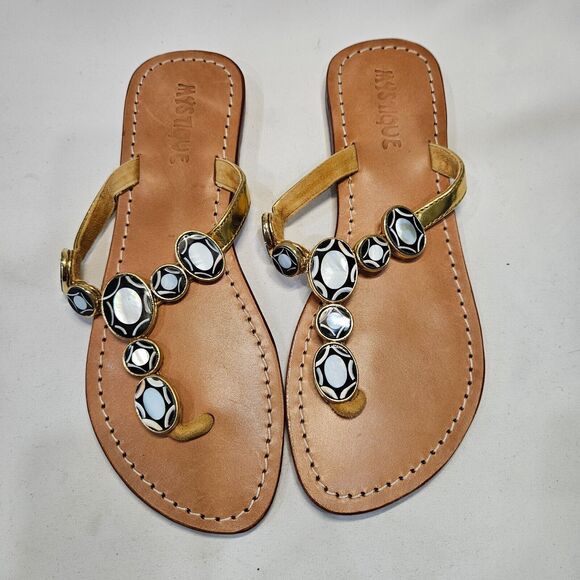 Mystique Womens Mother Of Pearl Leather Flip Flop Sandals Size 8 Gold Vacation - Picture 1 of 8